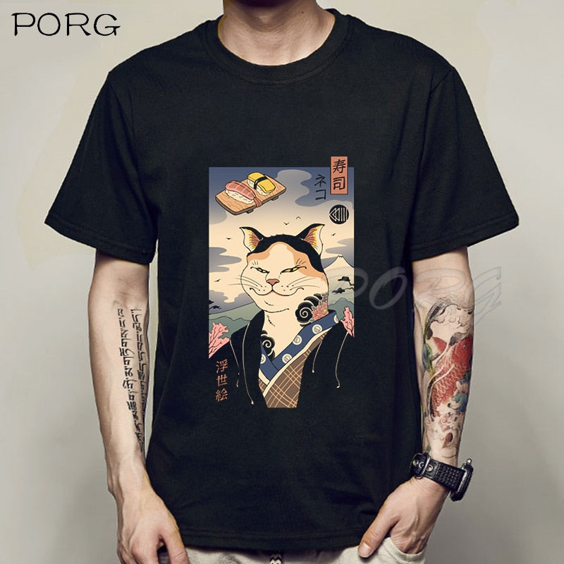 Camiseta holgada de Catana para hombre con estampado de gato y Anime.