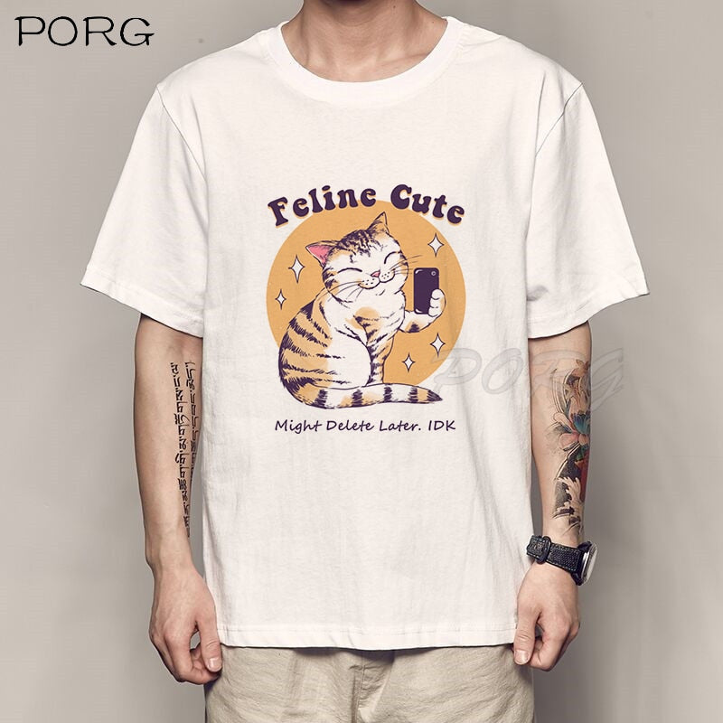 Camiseta holgada de Catana para hombre con estampado de gato y Anime.