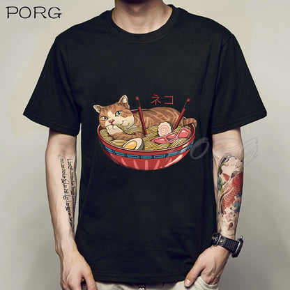 Camiseta holgada de Catana para hombre con estampado de gato y Anime.