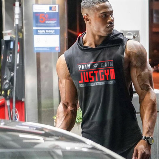 Ropa para entrenamiento en gimnasio, camiseta sin mangas con capucha para hombre.