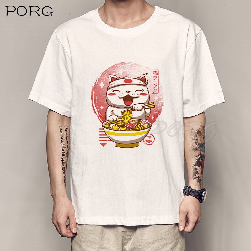 Camiseta holgada de Catana para hombre con estampado de gato y Anime.