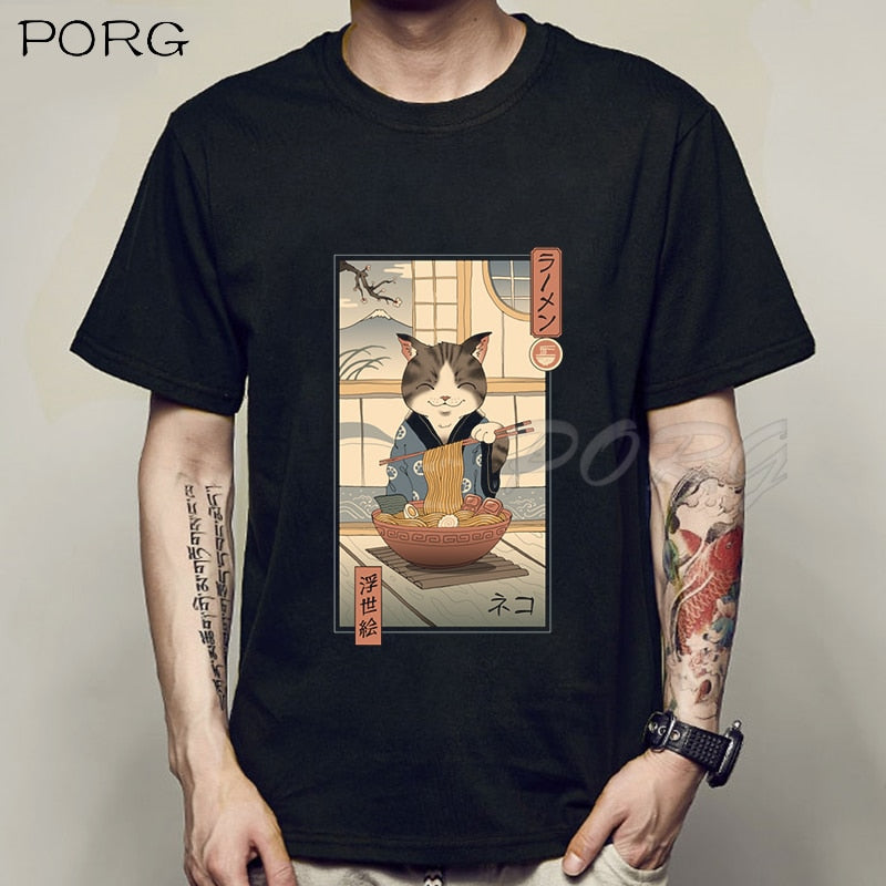 Camiseta holgada de Catana para hombre con estampado de gato y Anime.