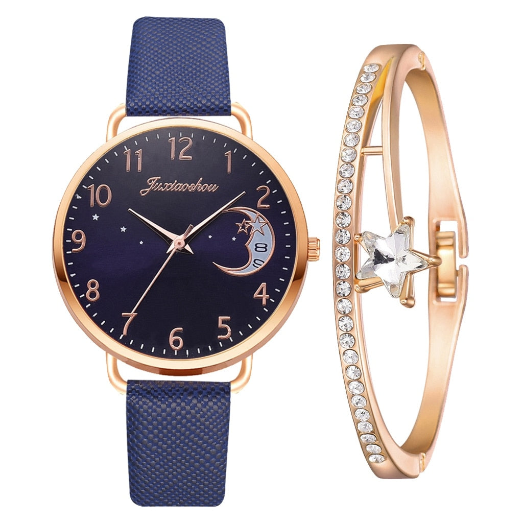 Reloj de cuarzo con correa de cuero y pulsera con esfera de luna