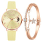 Reloj de cuarzo con correa de cuero y pulsera con esfera de luna