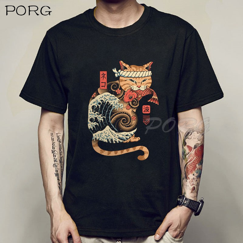 Camiseta holgada de Catana para hombre con estampado de gato y Anime.