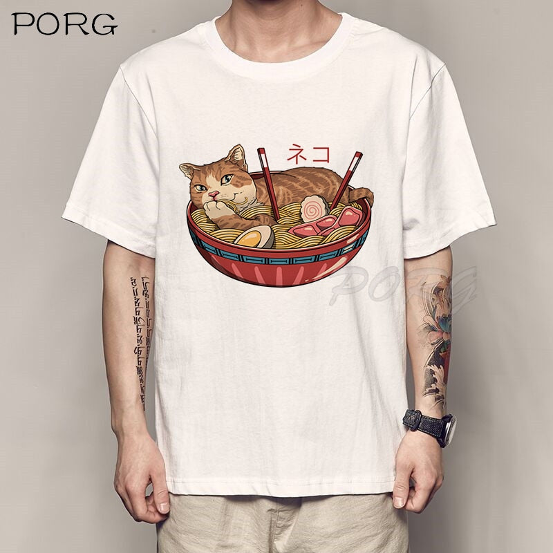 Camiseta holgada de Catana para hombre con estampado de gato y Anime.