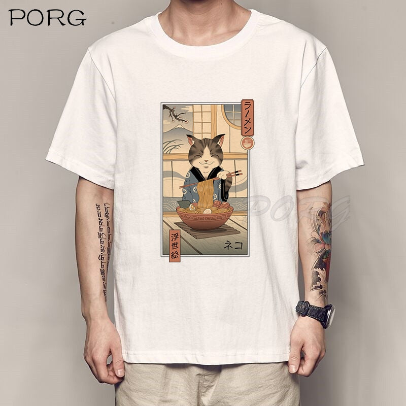 Camiseta holgada de Catana para hombre con estampado de gato y Anime.