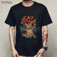 Camiseta holgada de Catana para hombre con estampado de gato y Anime.