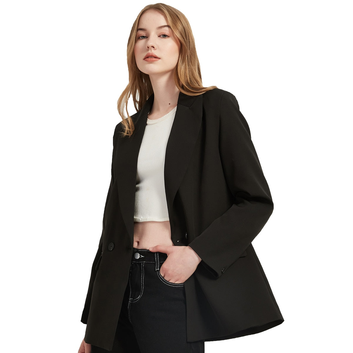 Blazer de mujer, chaqueta informal de color sólido con bolsillo cruzado, abrigo de mujer